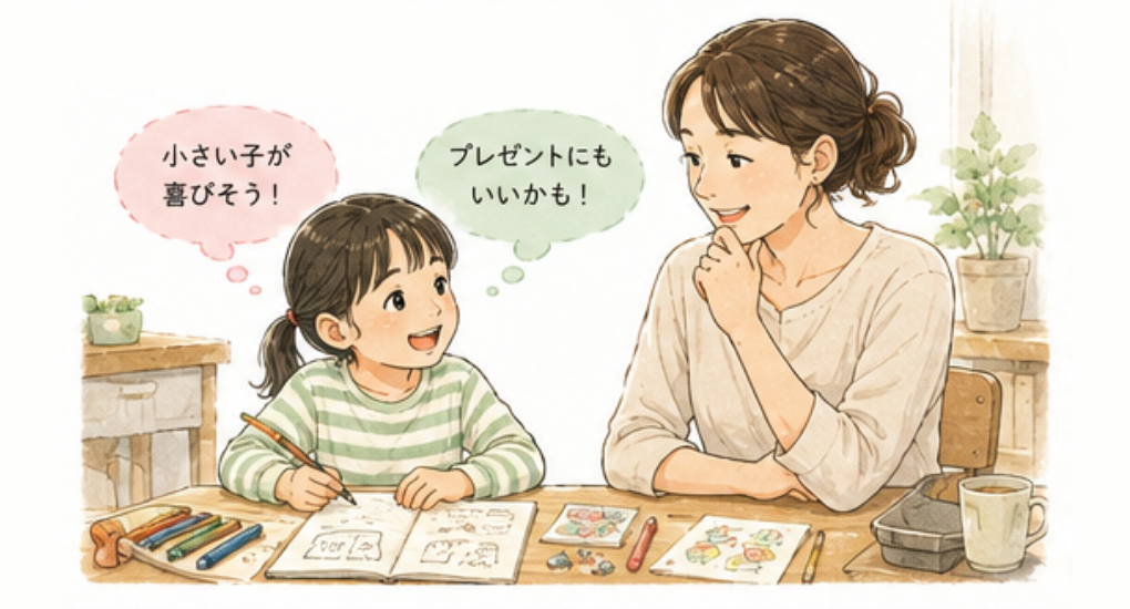商品を誰に届けたいか保護者と考える子どもの様子