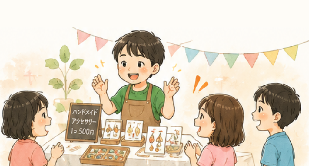 マルシェで子どもがお客さんに商品を販売する様子