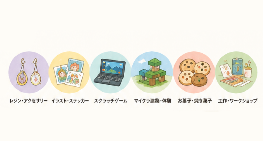 子どもがマルシェで販売できる作品やゲームの例