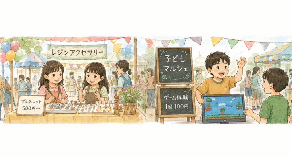 子どもたちがマルシェでさまざまなお店を運営する様子