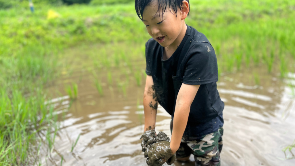 田んぼの泥を両手ですくって笑顔を見せる子ども