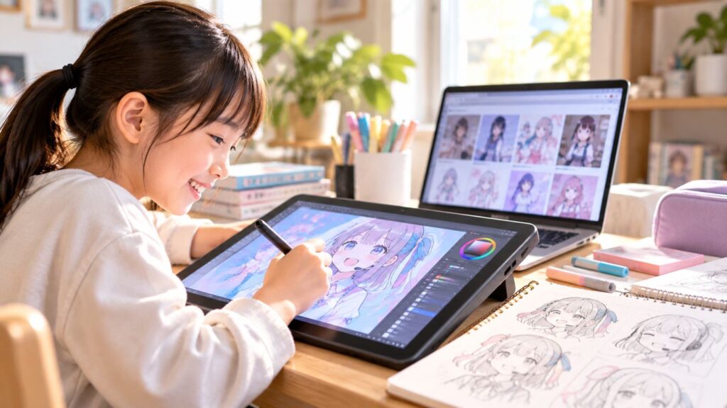 タブレットでイラストを描く女の子|子どもの好きを伸ばす放課後のイメージ